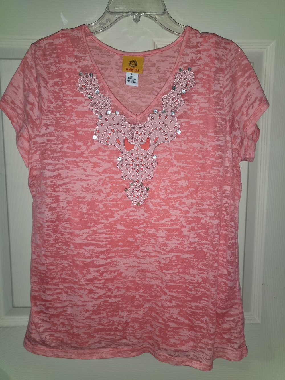 Ruby Rd. Coral Pink Burnout V-Neck Top with Laser-Cut & Sequin Detail, Large